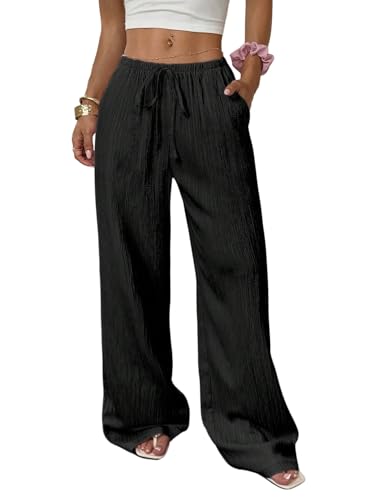 GORGLITTER Damen Breites Bein Hosen Leicht Drop Waist Jogginghose Locker Bequeme Freizeithose mit Tunnelzug Causalhose mit Taschen Causalhose Schwarz S von GORGLITTER