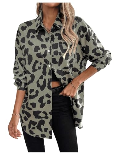 GORGLITTER Damen Button-down Blusen Casual Cardigan Langarm Oberteil OL Work Locker Hemden Leopard Muster Tunika Bluse mit Knöpfen Armeegrün XL von GORGLITTER