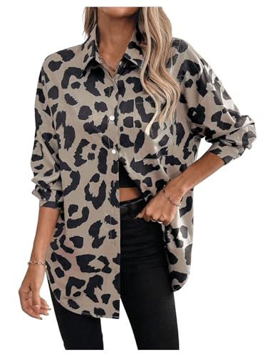 GORGLITTER Damen Button-down Blusen Casual Cardigan Langarm Oberteil OL Work Locker Hemden Leopard Muster Tunika Bluse mit Knöpfen Khaki M von GORGLITTER