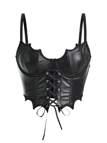 GORGLITTER Damen Cami BH mit Bügel Y2K Gothic Crop Top PU Leder Camitop Bustier Oberteil mit Schnürung Partytop Korsett Tops Festival Outfit Schwarz M von GORGLITTER