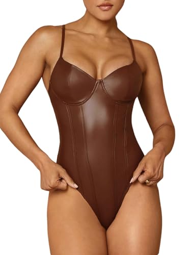 GORGLITTER Damen Cami Body Bodysuit Ärmellos Oberteile PU Leder Damenbody Rückenfrei Sommer Bodys Spaghettiträger Tops Tank Tops Kaffeebraun S von GORGLITTER