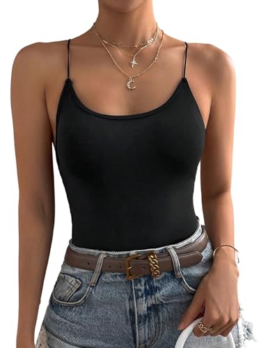 GORGLITTER Damen Body Ärmellos Y2K Top Rückenfrei Cami Bodysuit Spaghettiträger Sommer Oberteil Overall Bodys Festival Outfit Schwarz M von GORGLITTER