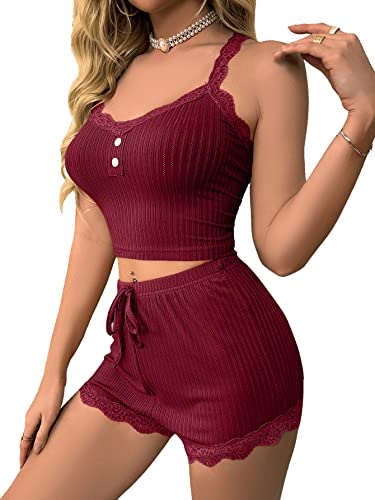 GORGLITTER Damen Cami Schlafanzug Set Bauchfrei Spaghettiträger Crop Top und Short Sets Sommer Pyjama Lounge Set mit Spitzen Kastanienbraun M von GORGLITTER