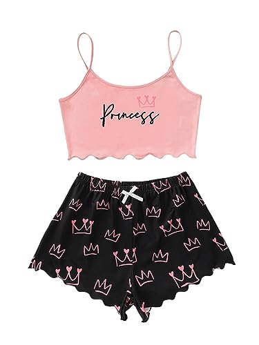 GORGLITTER Damen Cami Schlafanzug Set Spaghettiträger Crop Top Short Sets Süßer Pyjama Set Sommer Schlafanzüge Schlafi Rosa L von GORGLITTER