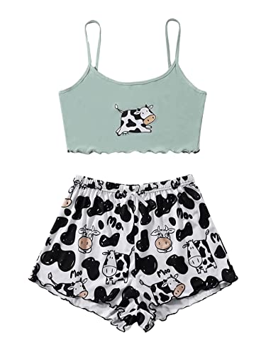 GORGLITTER Damen Cami Schlafanzug Set Spaghettiträger Crop Top Short Sets Süßer Pyjama Sommer Schlafanzüge Schlafi Schwarz und Grün S von GORGLITTER