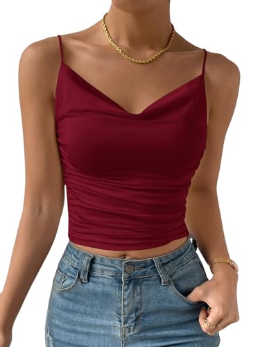 GORGLITTER Damen Cami Top Sexy Drapiertes Top Elegantes Oberteil Ärmellos Crop Tops Damen Mit Rüschen Bordeaux L von GORGLITTER