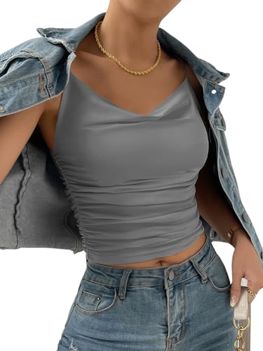 GORGLITTER Damen Cami Top Sexy Drapiertes Top Elegantes Oberteil Ärmellos Crop Tops Damen Mit Rüschen Grau XS von GORGLITTER