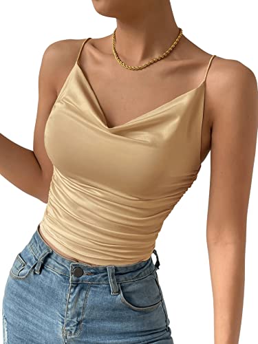 GORGLITTER Damen Cami Top Sexy Drapiertes Top Elegantes Oberteil Ärmellos Crop Tops Damen Mit Rüschen Khaki L von GORGLITTER