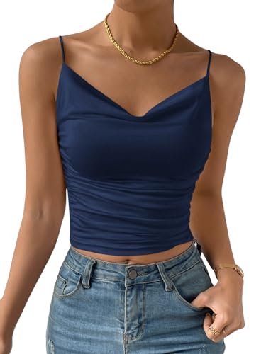 GORGLITTER Damen Cami Top Sexy Drapiertes Top Elegantes Oberteil Ärmellos Crop Tops Damen Mit Rüschen Marineblau XS von GORGLITTER