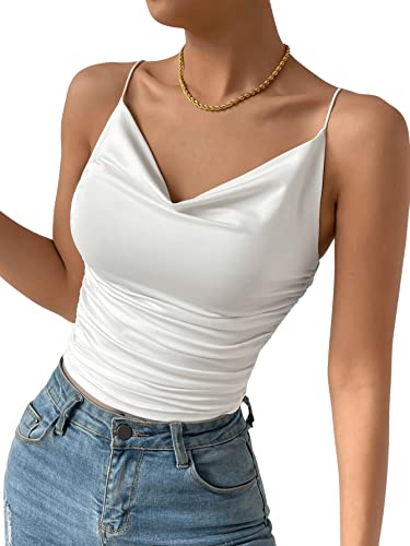 GORGLITTER Damen Cami Top Sexy Drapiertes Top Elegantes Oberteil Ärmellos Crop Tops Damen Mit Rüschen Weiß S von GORGLITTER