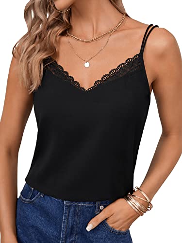 GORGLITTER Damen Cami Top Spaghettiträger T-Shirt Spitzen Camisole Ärmellos Sommershirt Untershirt V-Ausschnitt Schwarz M von GORGLITTER