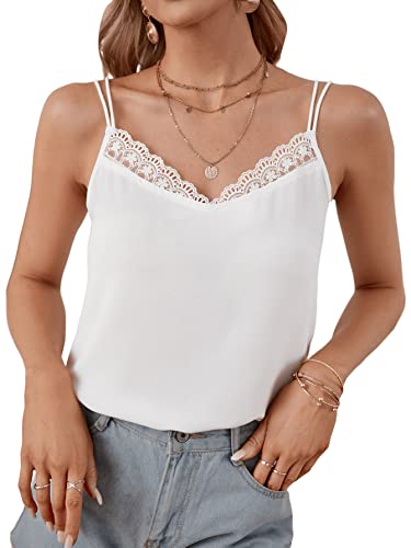 GORGLITTER Damen Cami Top Spaghettiträger T-Shirt Spitzen Camisole Ärmellos Sommershirt Untershirt V-Ausschnitt Weiß S von GORGLITTER