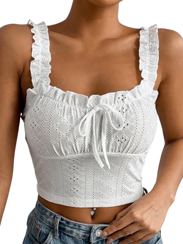 GORGLITTER Damen Camisole Top Bauchfrei Croptop ohe Ärmel Sommertop mit Rüschen Cami Tops Weiß L von GORGLITTER