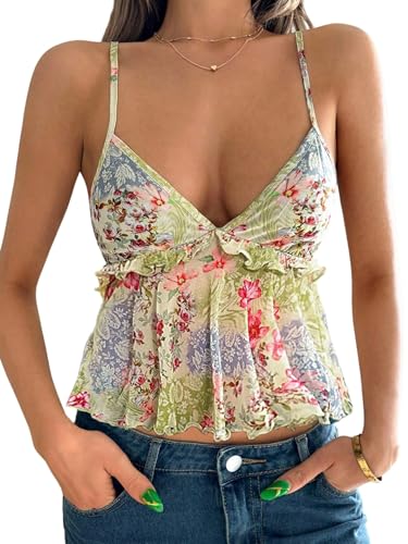 GORGLITTER Damen Camisole Top Blumenmuster Sommertop Spaghettiträger Tops Netztop Rüschensaum Boho Trägertop Leicht Ärmelloses Oberteil Rückenfreies Freizeittop Grün S von GORGLITTER