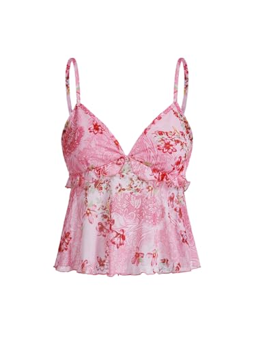 GORGLITTER Damen Camisole Top Blumenmuster Sommertop Spaghettiträger Tops Netztop Rüschensaum Boho Trägertop Leicht Ärmelloses Oberteil Rückenfreies Freizeittop Rosa S von GORGLITTER