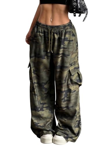 GORGLITTER Damen Camouflage Hose Y2K Baggy Weite Cargohose Elastischem Bund Jogginghose mit Taschen Damenhosen mit Gummizug Streetwear Hose Armeegrün M von GORGLITTER