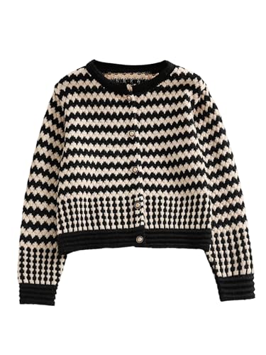 GORGLITTER Damen Cardigan Elegant Langarm Strickjacke mit Knopfleiste Freizeit Jacke Farbblock Pullover Kurz Causaljacken Herbstjacke Schwarz L von GORGLITTER