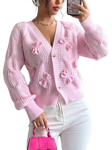 GORGLITTER Damen Cardigan Elegant Strickjacke mit Schleife Vorne Casual V Ausschnitt Strickmantel Outwear Pulli Dünne Jacke Klassisch Herbstajcke Rosa L von GORGLITTER