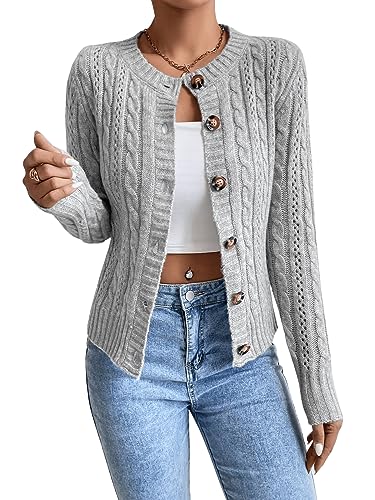 GORGLITTER Damen Cardigan Kurz Mit Knöpfen Langarm Strickjacke Herbst Winter Strickcardigan Casual Cardigan Mit Zopfstrick Hellgrau S von GORGLITTER