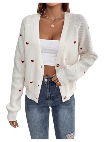 GORGLITTER Damen Cardigan Strickjacke Casual Strickmantel Outwear Pullover Pulli Dünne Jacke Sweater Mantel mit Herz Stickerei Beige XS von GORGLITTER