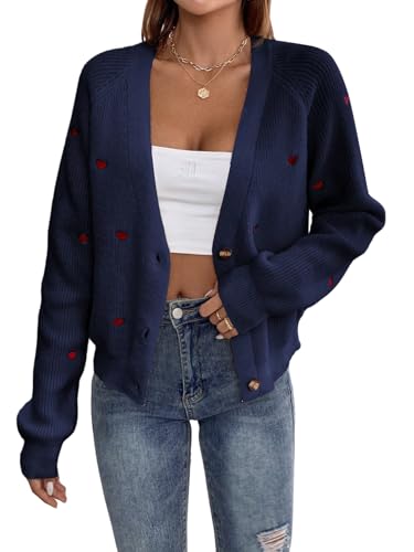 GORGLITTER Damen Cardigan Strickjacke Casual Strickmantel Outwear Pullover Pulli Dünne Jacke Sweater Mantel mit Herz Stickerei Dunkelblau M von GORGLITTER