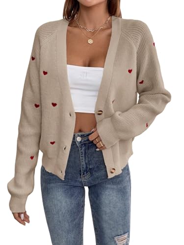 GORGLITTER Damen Cardigan Strickjacke Casual Strickmantel Outwear Pullover Pulli Dünne Jacke Sweater Mantel mit Herz Stickerei Khaki M von GORGLITTER