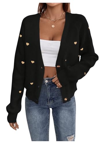 GORGLITTER Damen Cardigan Strickjacke Casual Strickmantel Outwear Pullover Pulli Dünne Jacke Sweater Mantel mit Herz Stickerei Schwarz M von GORGLITTER