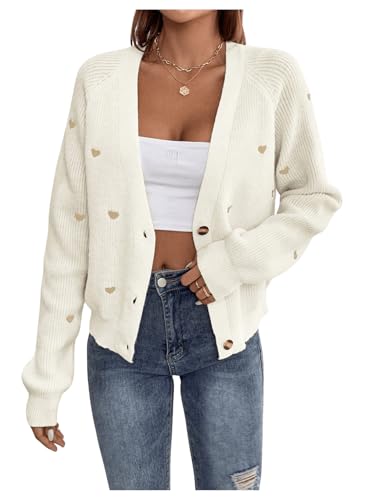 GORGLITTER Damen Cardigan Strickjacke Casual Strickmantel Outwear Pullover Pulli Dünne Jacke Sweater Mantel mit Herz Stickerei Weiß L von GORGLITTER