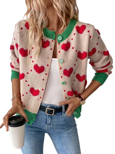 GORGLITTER Damen Cardigan Strickjacke mit Herzmuster Vorne Offen Herbstjacke Outwear Pulli Dünne Strickpullover Wintermantel Langarm Beige XL von GORGLITTER