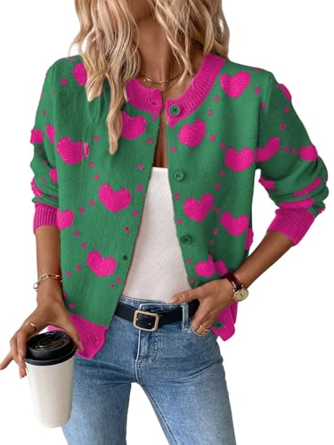 GORGLITTER Damen Cardigan Strickjacke mit Herzmuster Vorne Offen Herbstjacke Outwear Pulli Dünne Strickpullover Wintermantel Langarm Grün XL von GORGLITTER