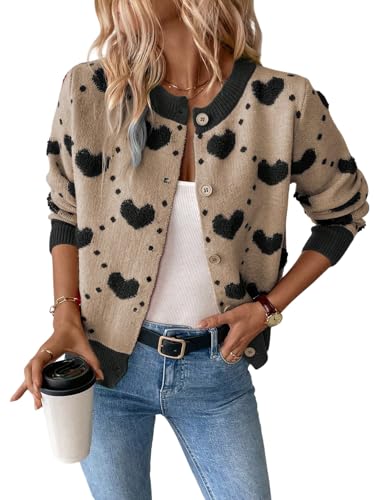 GORGLITTER Damen Cardigan Strickjacke mit Herzmuster Vorne Offen Herbstjacke Outwear Pulli Dünne Strickpullover Wintermantel Langarm Khaki L von GORGLITTER