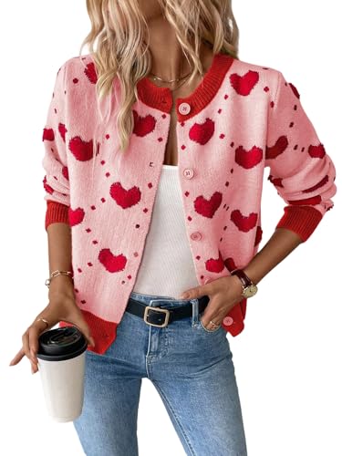 GORGLITTER Damen Cardigan Strickjacke mit Herzmuster Vorne Offen Herbstjacke Outwear Pulli Dünne Strickpullover Wintermantel Langarm Rosa M von GORGLITTER