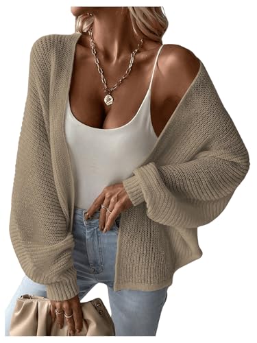 GORGLITTER Damen Cardigan Übergrößen Strickjacke Pullover Drop Shoulder Pulli Open-Front Cardigan Strick Sweater mit Fledermausärmeln Khaki L von GORGLITTER