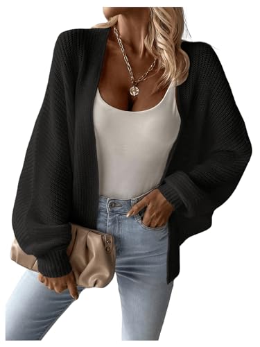 GORGLITTER Damen Cardigan Übergrößen Strickjacke Pullover Drop Shoulder Pulli Open-Front Cardigan Strick Sweater mit Fledermausärmeln Schwarz L von GORGLITTER