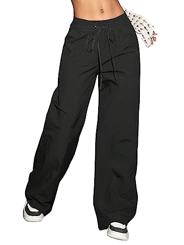 GORGLITTER Damen Cargo Hose Breites Bein Classics Cargohose Straight Elastischer Bund Capri Hosen Streatwear mit Tunnelzug Schwarz L von GORGLITTER