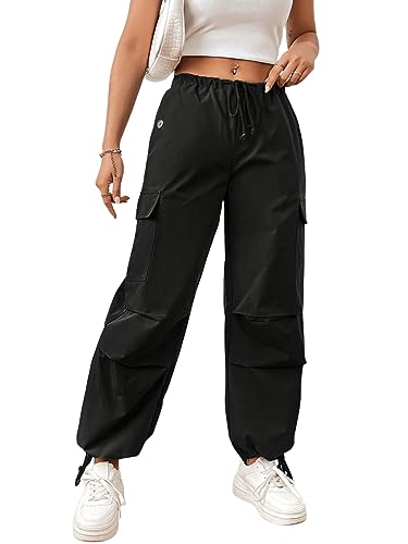 GORGLITTER Damen Cargo Hose Classics Cargohose Drop Waist Elastischer Bund Capri Hosen Streatwear mit Pattentaschen Schwarz S von GORGLITTER