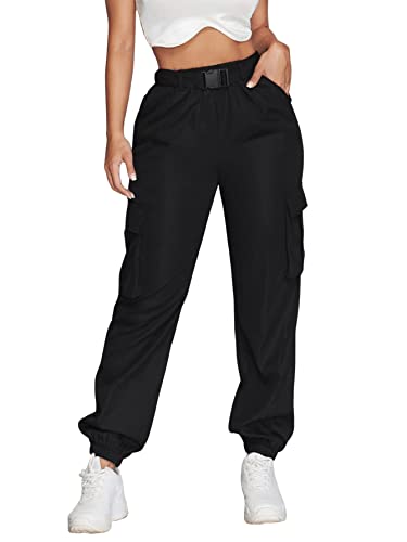 GORGLITTER Damen Cargo Hose Classics Cargohose Straight Hohe Taille Capri Lange Hosen Streatwear mit Schnallengürtel Schwarz M von GORGLITTER