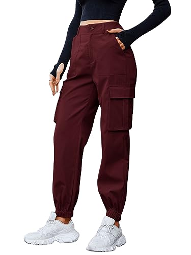 GORGLITTER Damen Cargo Hose Classics Cargohose Straight Hohe Taille Capri Lange Hosen Streatwear mit Taschen Bordeaux L von GORGLITTER