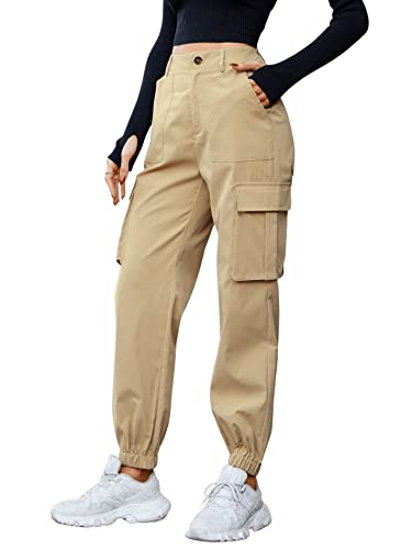 GORGLITTER Damen Cargo Hose Classics Cargohose Straight Hohe Taille Capri Lange Hosen Streatwear mit Taschen Khaki L von GORGLITTER