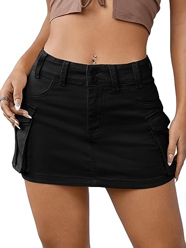 GORGLITTER Damen Cargo Rock Kurz Enger Rock Lässig Figurbetontes Minirock Hohe Taille Jeansrock mit Taschen Schwarz L von GORGLITTER