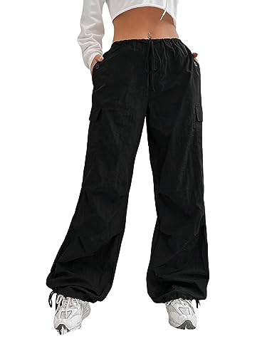 GORGLITTER Damen Cargohose Cargo Hosen Breite Bein Caprihosen Y2K Tunnelzug Drop Waist Hosen Sweatpants mit Pattentaschen Schwarz S von GORGLITTER