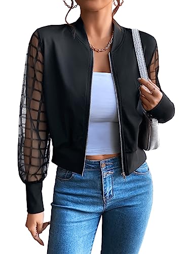 GORGLITTER Damen Casual Jacke Langarm Bomberjacke mit Netzstoff Laternenärmeln Leicht Outwear Kurz Coat Reißverschluss Herbst Frühling Schwarz L von GORGLITTER