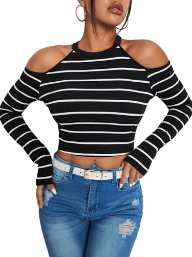 GORGLITTER Damen Cold Shoulder T-Shirt Bauchfreies Oberteil Crop Rundhals Tops Langarmshirt Herbstshirt mit Streifen Schwarz L von GORGLITTER