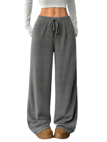 GORGLITTER Damen Cordhose Elastische Taille Hose Baggy Weites Bein Hosen mit Kordelzug Einfarbig Bequeme Locker Stoffhose Gerippt Freizeithose Grau L von GORGLITTER