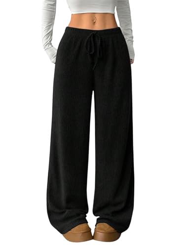 GORGLITTER Damen Cordhose Elastische Taille Hose Baggy Weites Bein Hosen mit Kordelzug Einfarbig Bequeme Locker Stoffhose Gerippt Freizeithose Schwarz L von GORGLITTER
