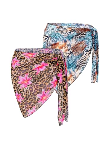 GORGLITTER Damen Cover Up 2 teiliges Set Sommer Strandrock Set Leopardenmuster Bikini Cover Up Urlaub Binderock Pareos Minirock Sommerrock Bademode Leo S von GORGLITTER