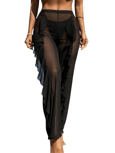 GORGLITTER Damen Cover Up Hose Einfarbig Rüschendekoration Hose Transparent Mesh Hosen Strand Wickelhose Urlaubsoutfit Schwarz M GORGLITTER Damen Cover Up Hose Einfarbig Rüschendekoration Hose Transparent Mesh Hosen Strand Wickelhose Urlaubsoutfit Schwarz M von GORGLITTER