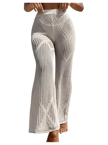 GORGLITTER Damen Cover Up Hose Lange Häkelhose Hohe Taille Strandhose Bikini Cover-ups Ausgehöhlte Strandhosen Einfarbige Sommerhose Strand Outfits Weiß S von GORGLITTER