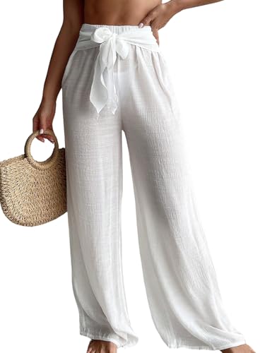 GORGLITTER Damen Cover-Up Hose Lange Strandhose Band vorn Halb Transparent Hosen Weites Bein Sommerhose Locker Bikini Cover Up Durchsichtige Partyhose Strandmode Weiß S von GORGLITTER