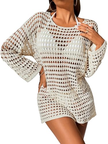 GORGLITTER Damen Cover Up Kleid Langarm Häkelkleid U Ausschnitt Strandponcho Durchsichtige Strandkleider Boho Bikini Cover Up mit Loch Strand Outfits Beachwear Beige XL von GORGLITTER